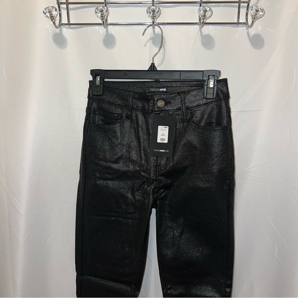 Double Dare Faux Leather Black Glitter Sparkle Pants - Picture 4 of 11